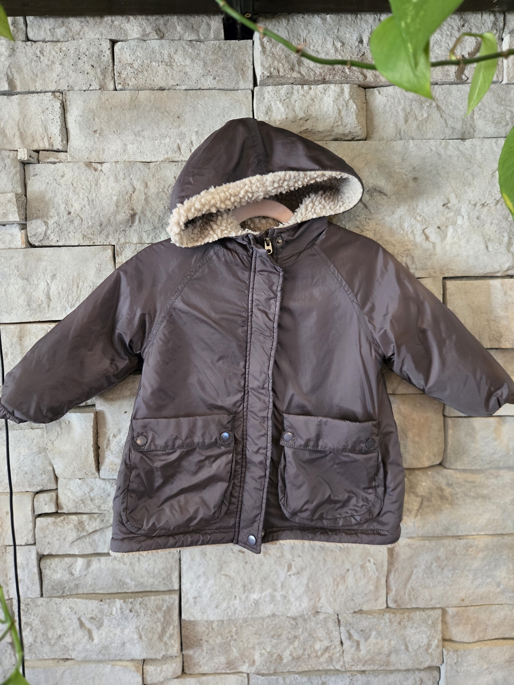 Zara Brown Hooded Puffer Coat with Sherpa Lining